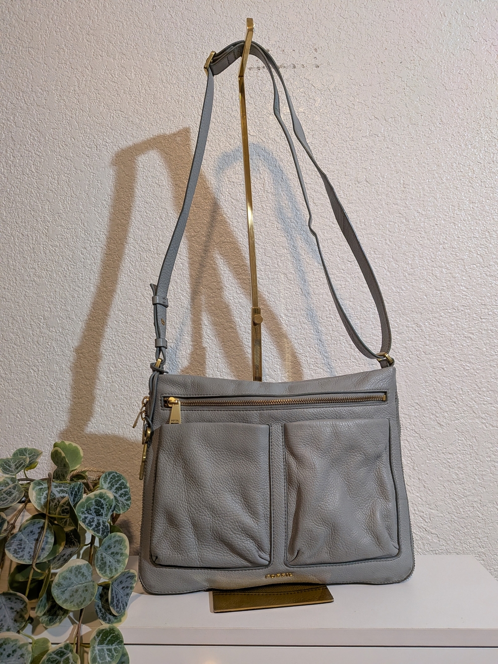 Fossil Gray Pebble Leather Crossbody Shoulder Bag